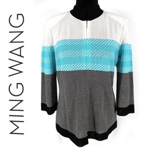 Ming Wang Colorblock Chevron Print Zip Front Sweater Knit Cardigan Jacket M NWT
